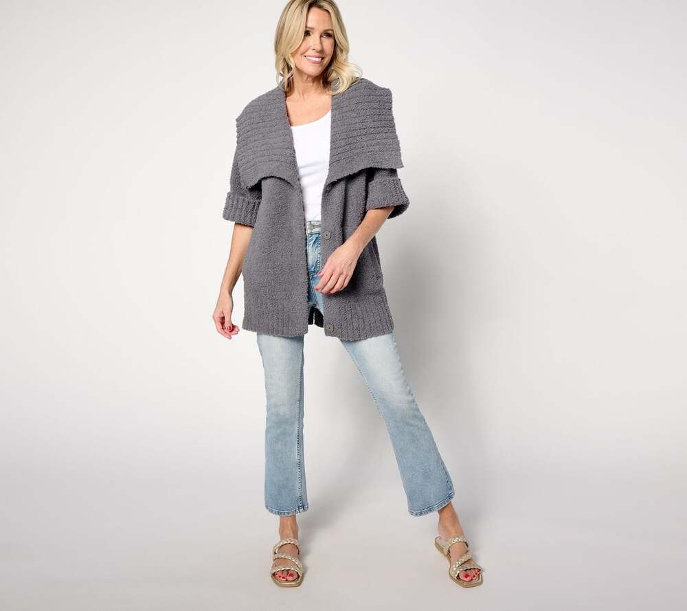 Barefoot Dreams Women 1X Cozytwist Short Sleeve Sweater Coat Fuzzy Soft Gray NEW